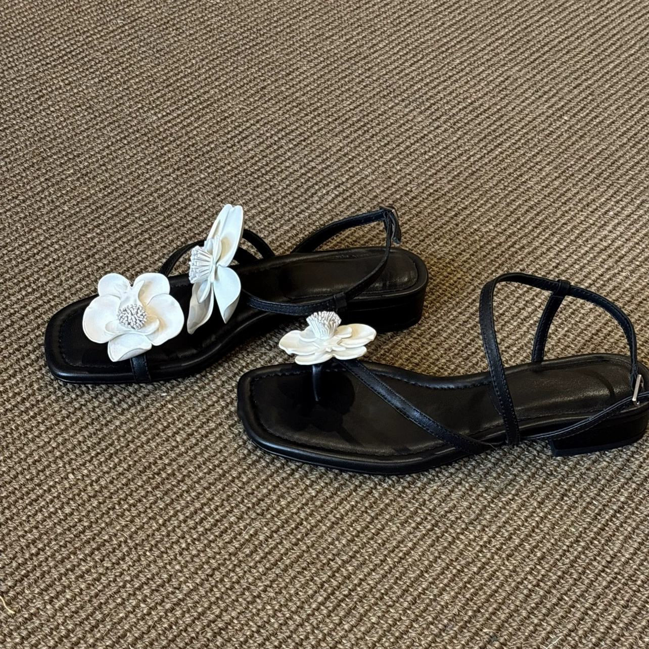 Summer New Chanel Style Open Toe Square Toe Camellia Strap Sandals for Women Flat