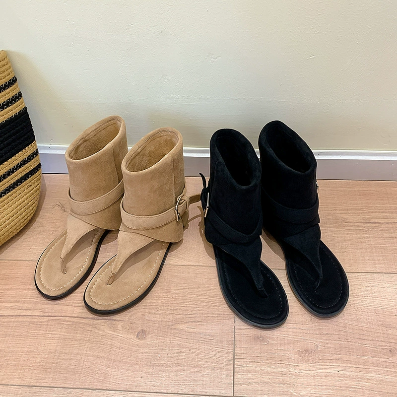 Women's Round Toe Buckle Strap Mid Calf Wedge Boots Sandals Summer