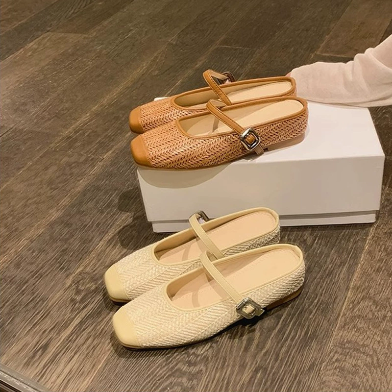 Women's Square Toe Woven Platform Slides Sandals 5cm Height Summer