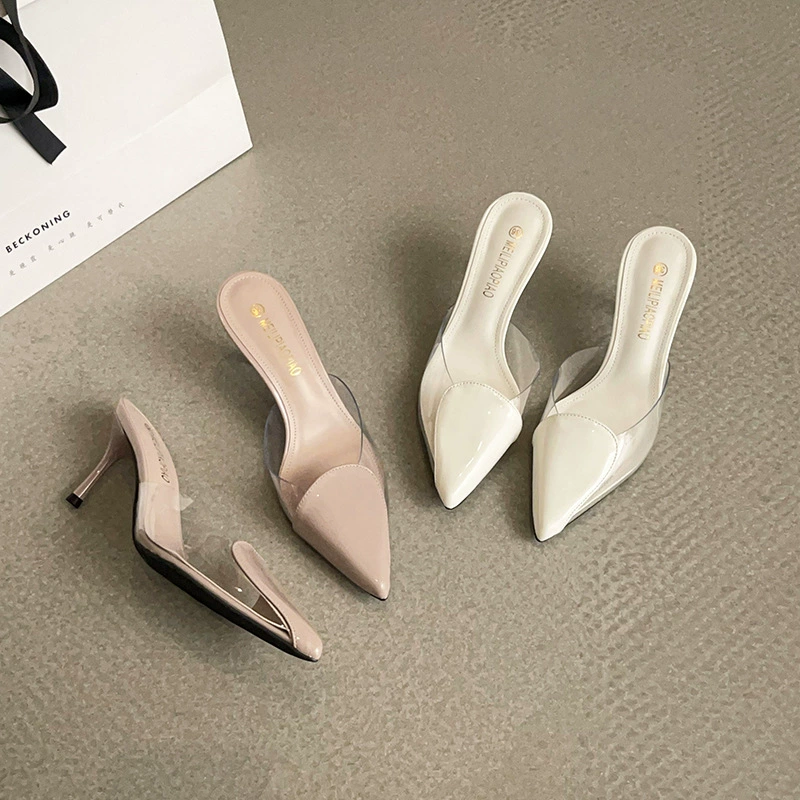 Women's Pointed Toe Transparent Heart Stiletto Heel Slides Sandals Spring