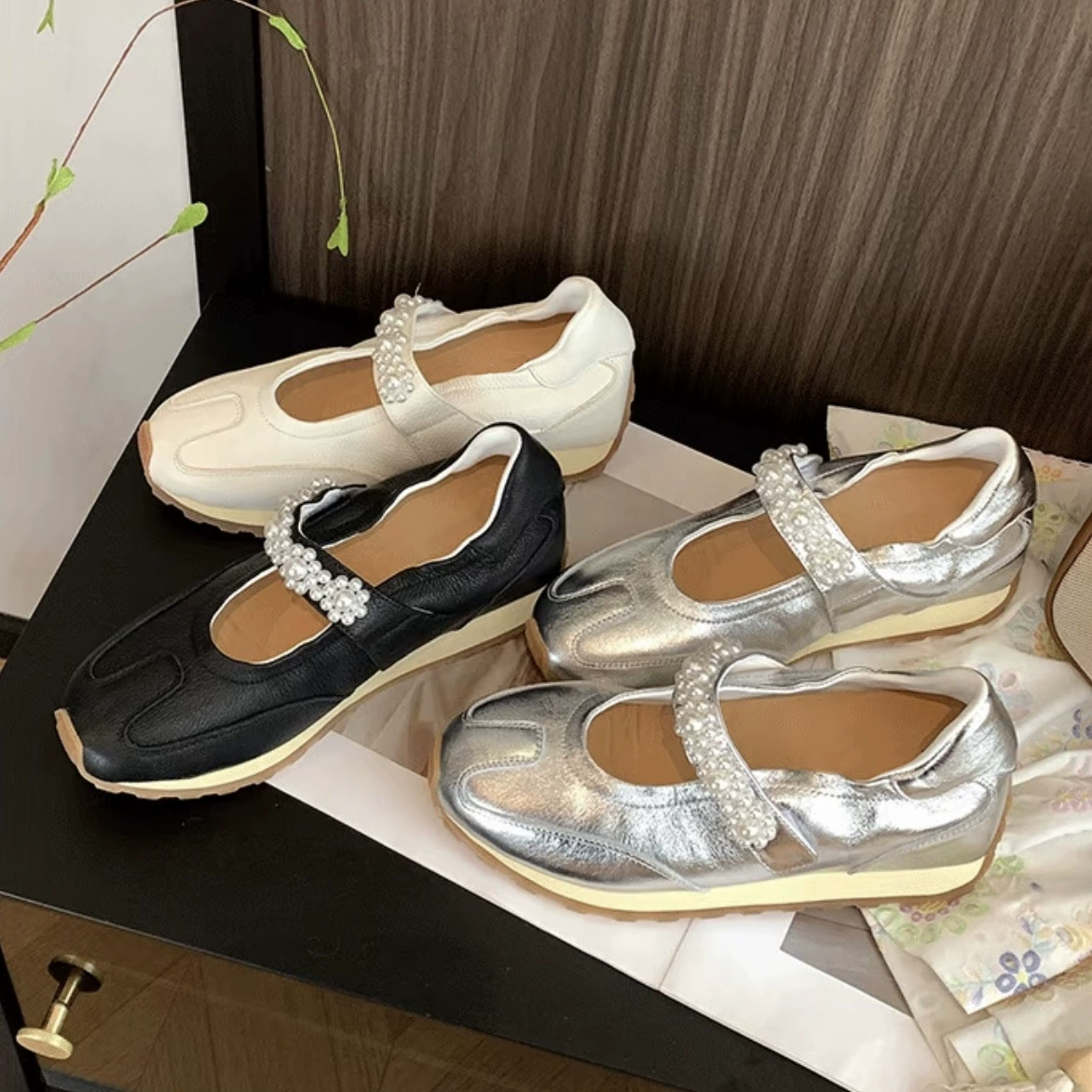 Height Increase 5CM French Sporty Ballet German Trainer Shoes for Women Summer Strap Mary Jane