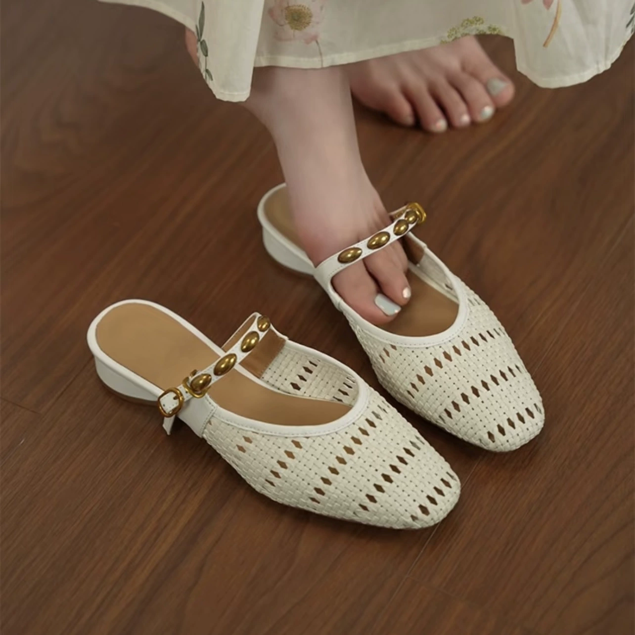 New French Roman Slide Sandals for Women Chunky Heel Mules Summer Outdoor Lazy
