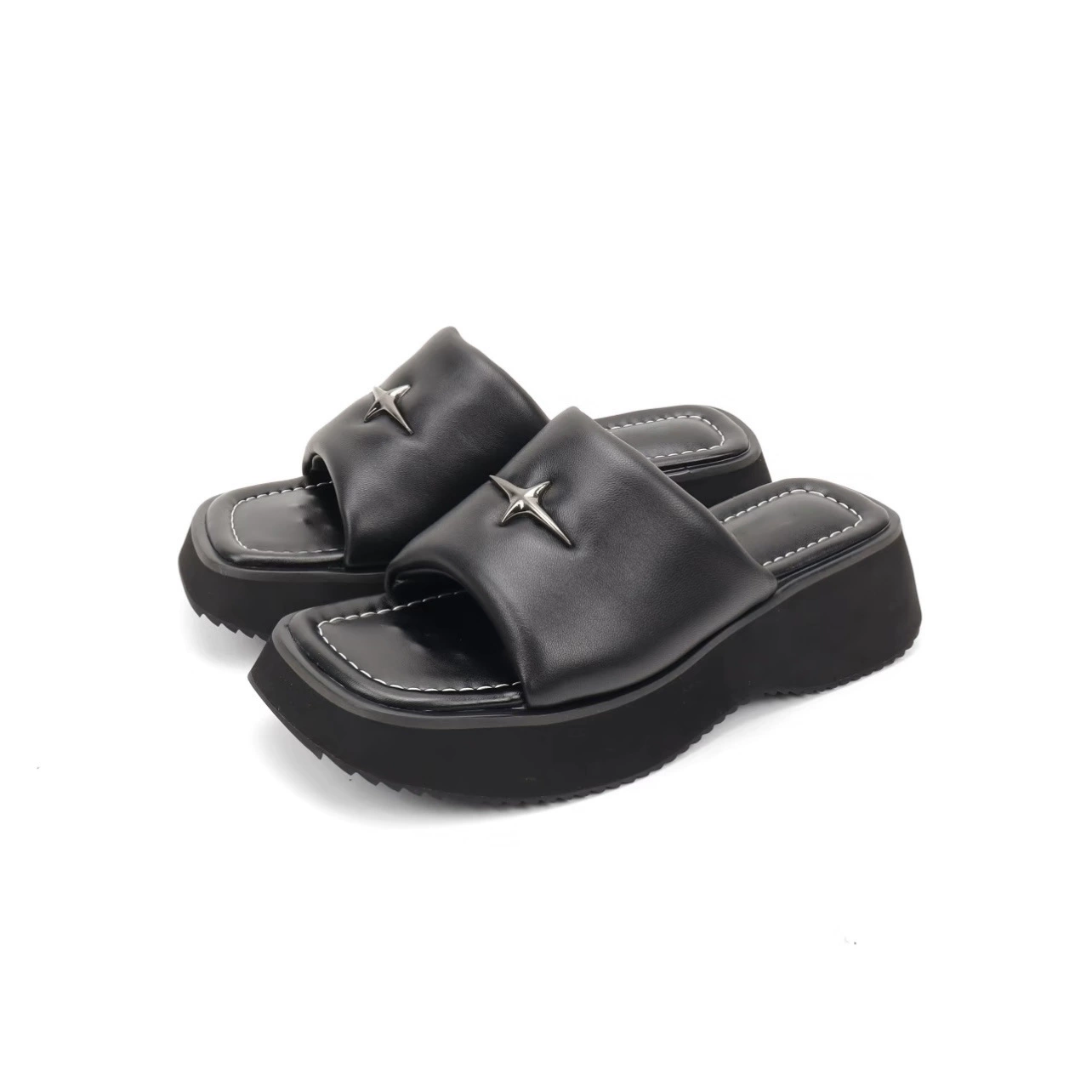 Spring Summer New Black Cross Star Thick Sole Slide Sandals for Women 2025 Vintage Chic