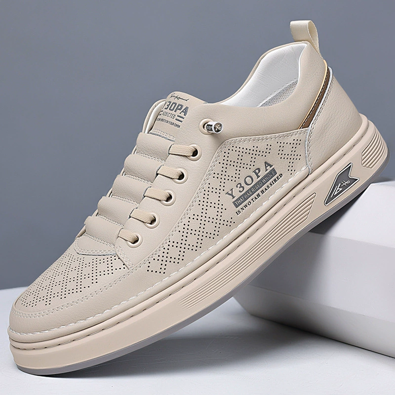 2026 Spring Men's Breathable Hollow Skateboarding Shoes Slip-on Leather Casual Sports White Shoes