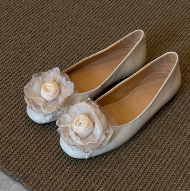 Women's French Flower Ballet Flats Summer Retro Round Toe Hidden Wedge Shoes