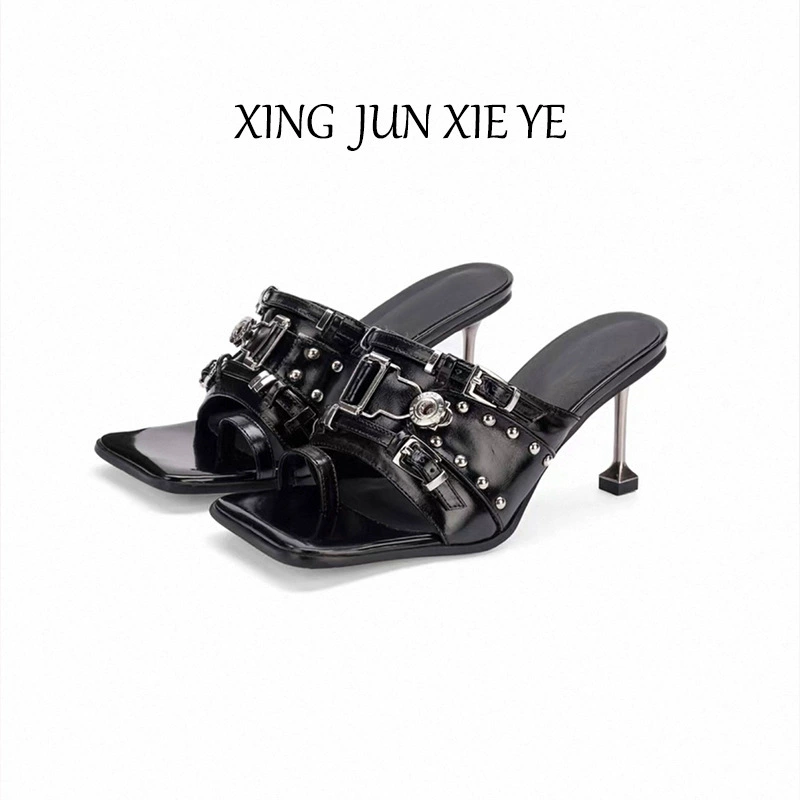 Women's Punk Open Toe Heels 2025 Summer Metal Strap Thin Heel Slide Sandals