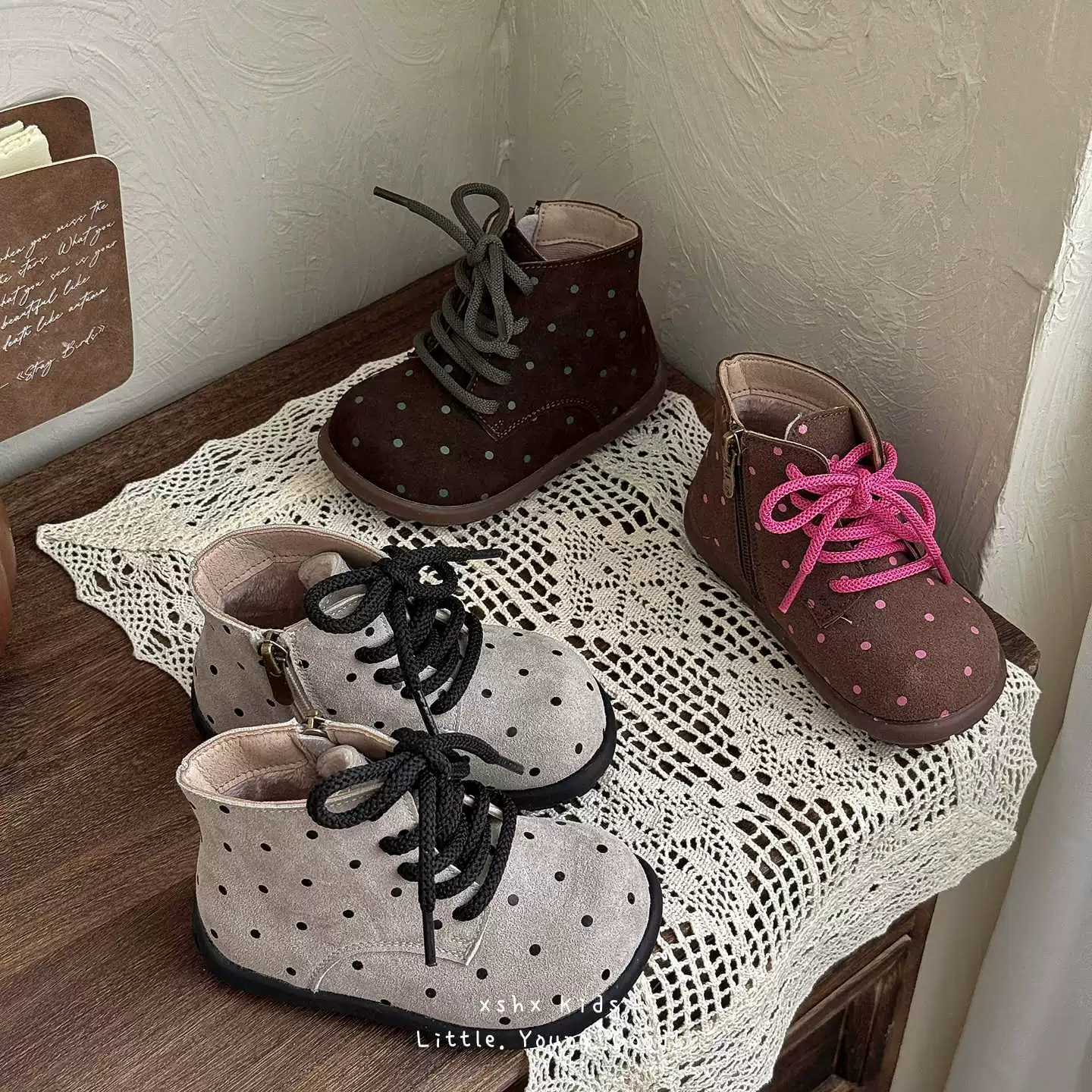 XSHX Polka Dot Boots Autumn Girls Retro Korean Style Leather Boots Side Zipper Anti-Slip