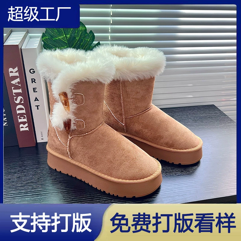 Women's Winter Buckle Snow Boots 2025 Platform Fur Trim Warm Short Cotton Shoes