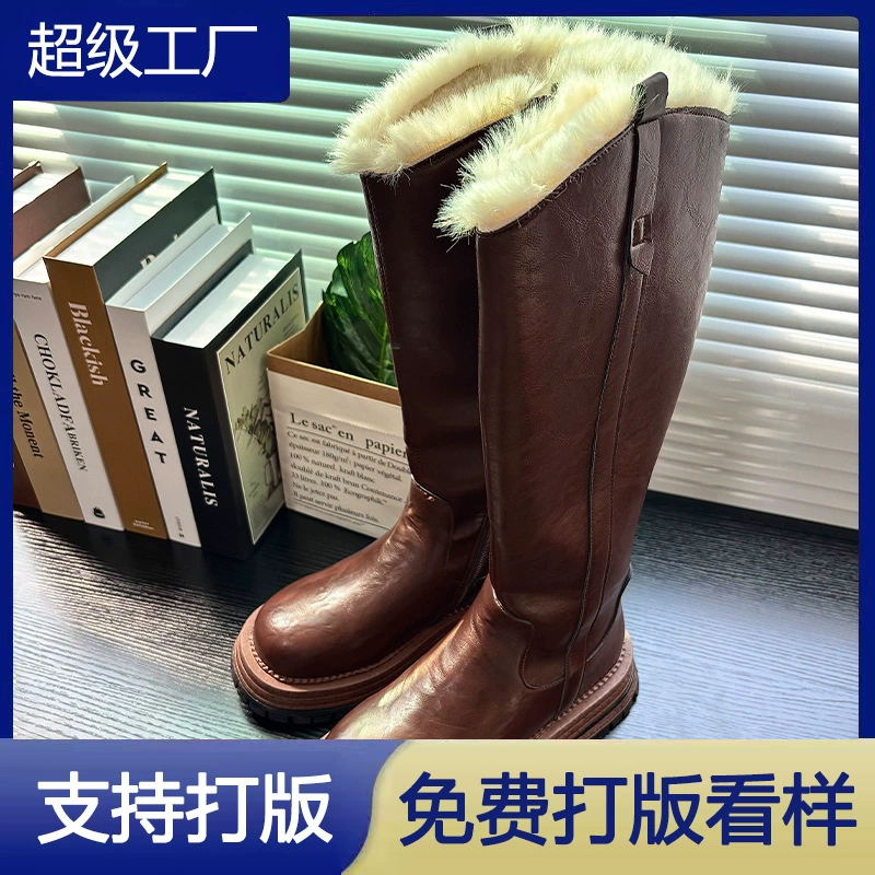 2025 Fall Vintage Round Toe Knee High Riding Boots Women Zip Up Warm Snow Boots