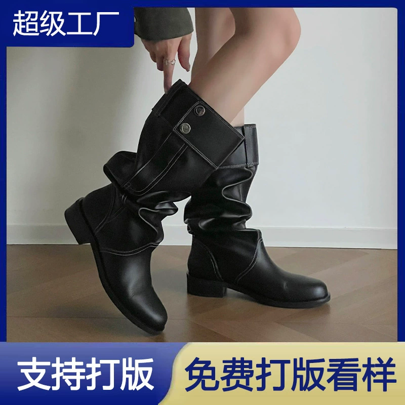 2025 Summer Vintage Pleated Knee High Riding Boots Women Slim Fit Stacked Heel