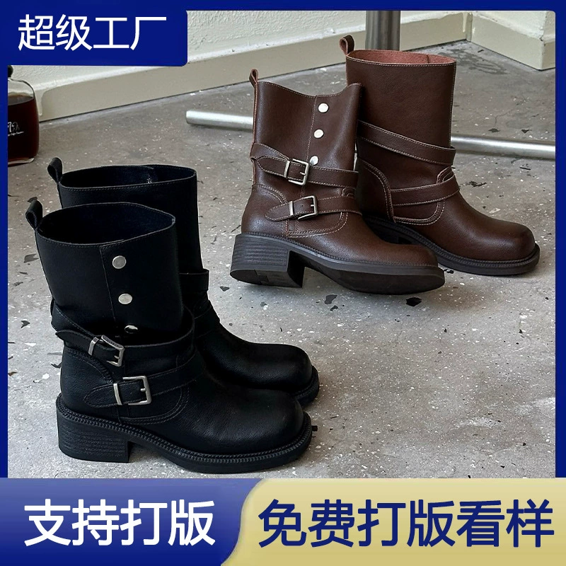 2025 Fall Winter British Double Buckle Martin Boots Women Fashion Casual Boots