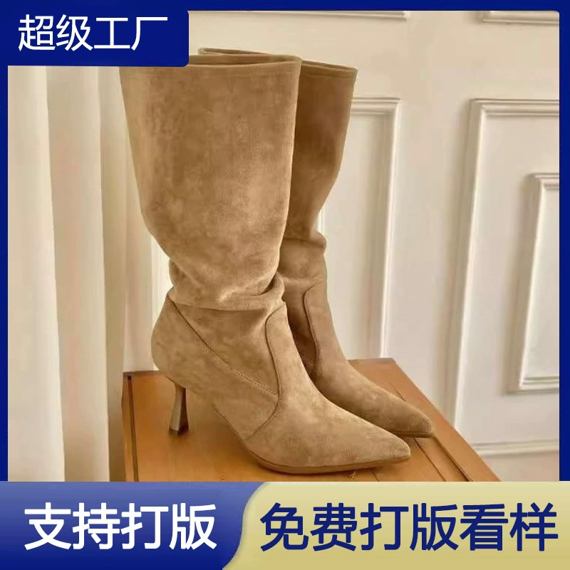 2025 Fall Fashion Pointed Toe Wide Calf Stacked Boots Women Stiletto Heel Short Boots