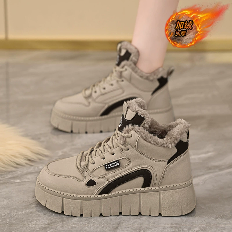 2025 Winter Fleece Lined High Top White Shoes Korean Women Students Thick Sole Casual Cotton Shoes