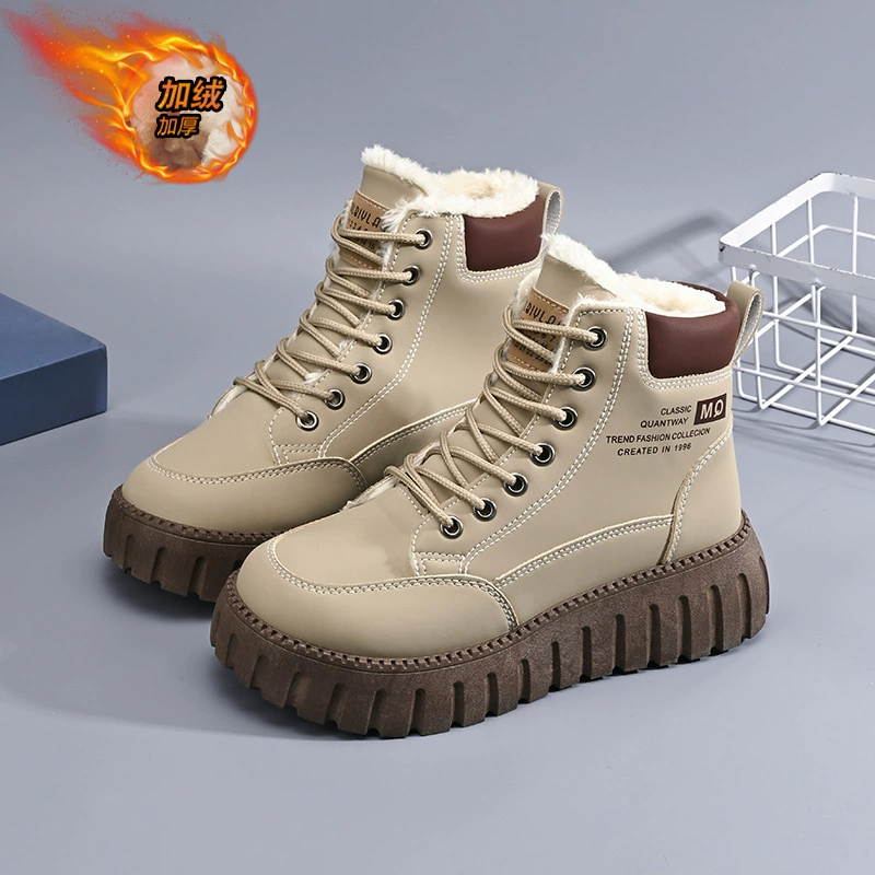 Winter Fleece Lined High Top Martin Boots Women Korean Thick Warm Cotton Short Boots Snow Boots