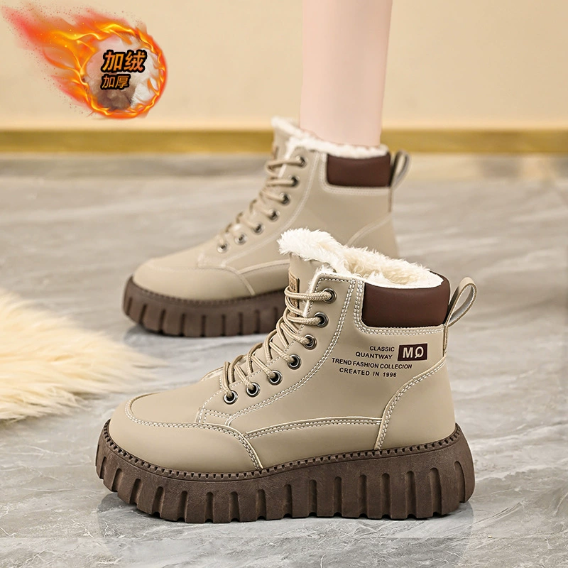 Winter Fleece Lined High Top Martin Boots Women Korean Thick Warm Cotton Snow Boots Casual Shoes