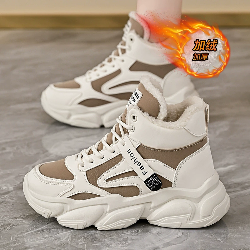 Fleece Lined Dad Sneakers Women 2025 Fall Winter Korean Thick Warm High Top Sports Cotton Shoes