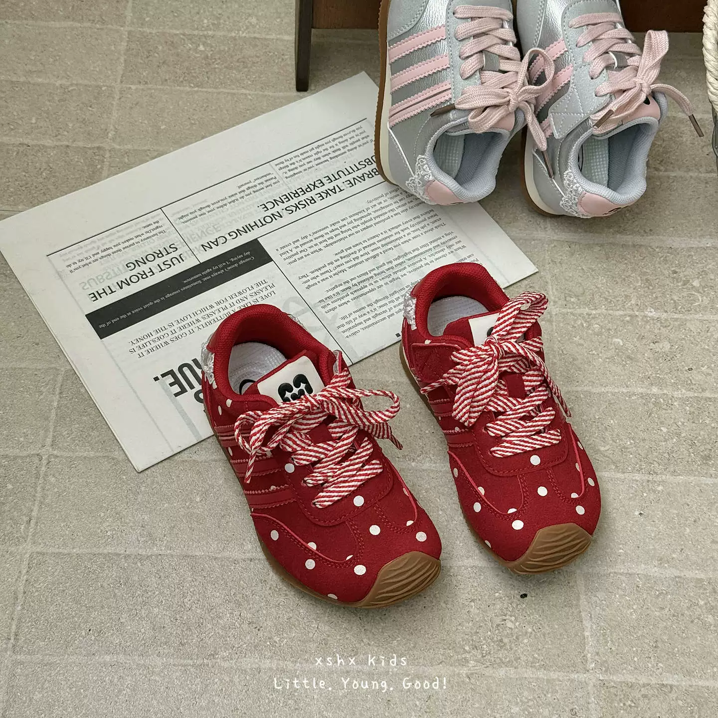 XSHX Polka Dot Small German Training Girls Cute Retro Sports Shoes Velcro Autumn Winter Red Silver Sweet Casual