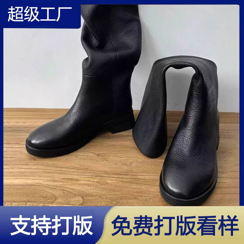 2025 Fall Black Slim Wide Calf Riding Boots Women Vintage Round Toe Chunky Heel