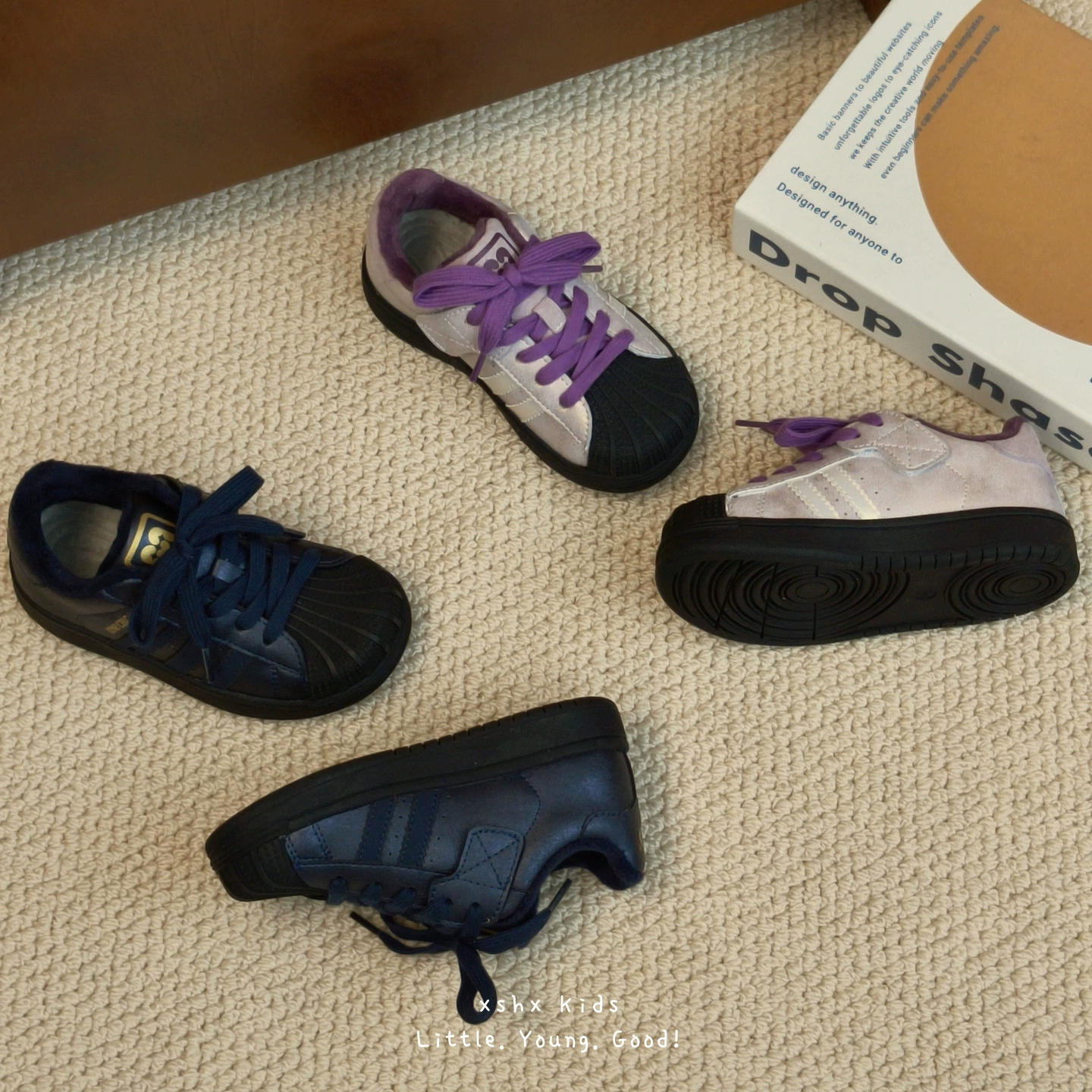 XSHX Shell Toe Shoes Boys Girls Autumn Winter Leather Anti-Slip Rubber Sole Velcro Limited Edition
