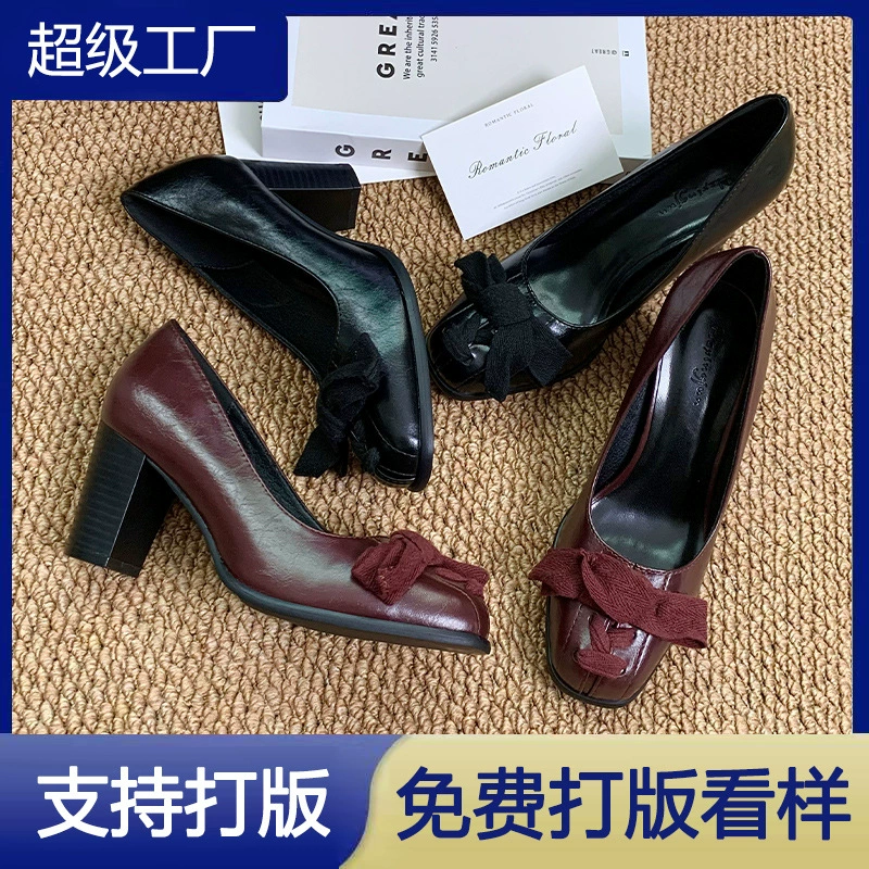 French Autumn Retro Bow Heels for Women 2025 Fashion Office Chunky Heel Pumps