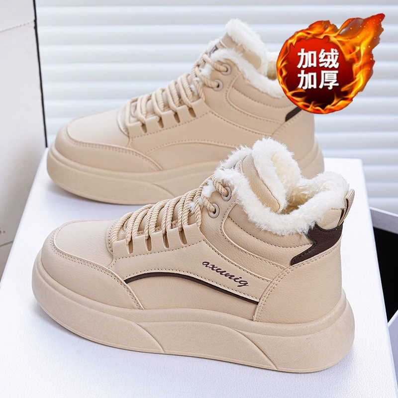 Winter Fleece Lined High Top White Shoes Women Korean Thick Sole Sports Casual Warm Cotton Short Boots