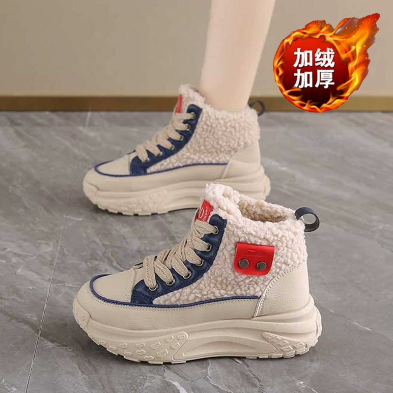 2025 Winter Fleece Lined High Top Snow Boots Women Korean Thick Height Increase Warm Cotton Short Boots
