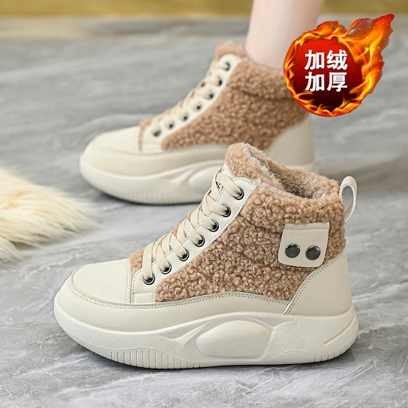 Winter Fleece Lined High Top Snow Boots Women Korean Thick Height Increase Warm Cotton Sports Short Boots