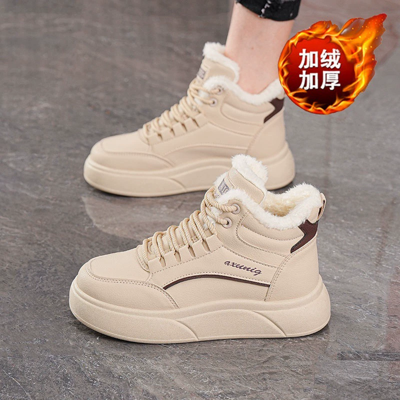 Women's Winter Fleece Lined High Top White Sneakers Thick Sole Warm Cotton Shoes