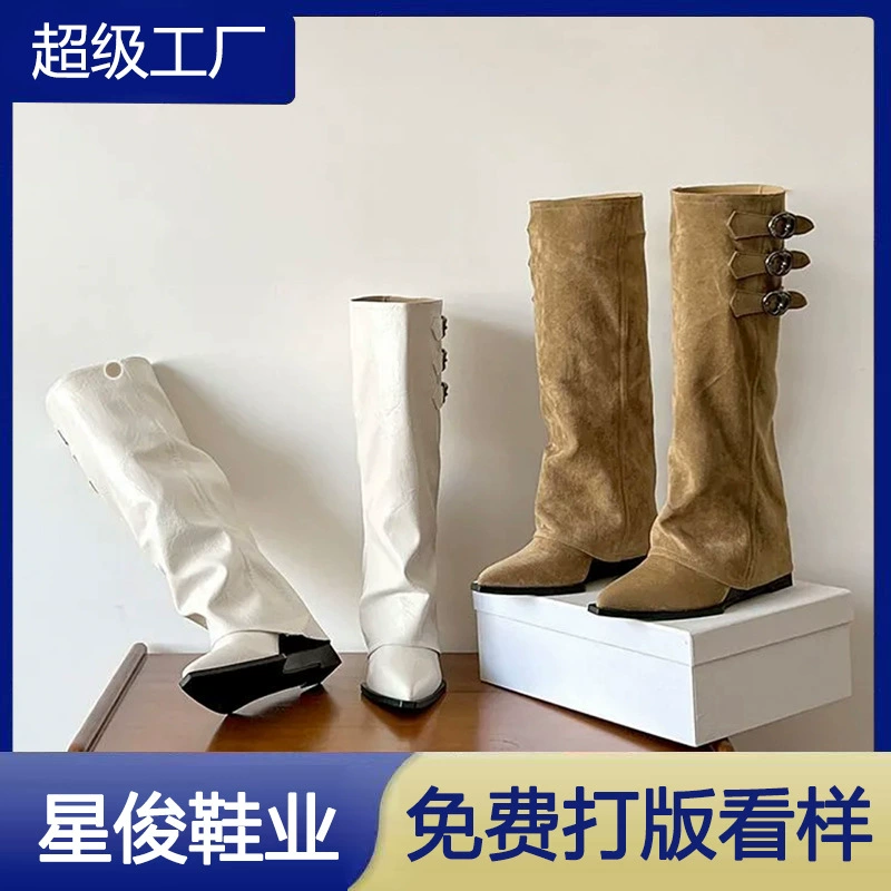 复古尖头长筒裤管骑士靴女2025秋冬新款皮带扣不过膝保暖堆堆靴